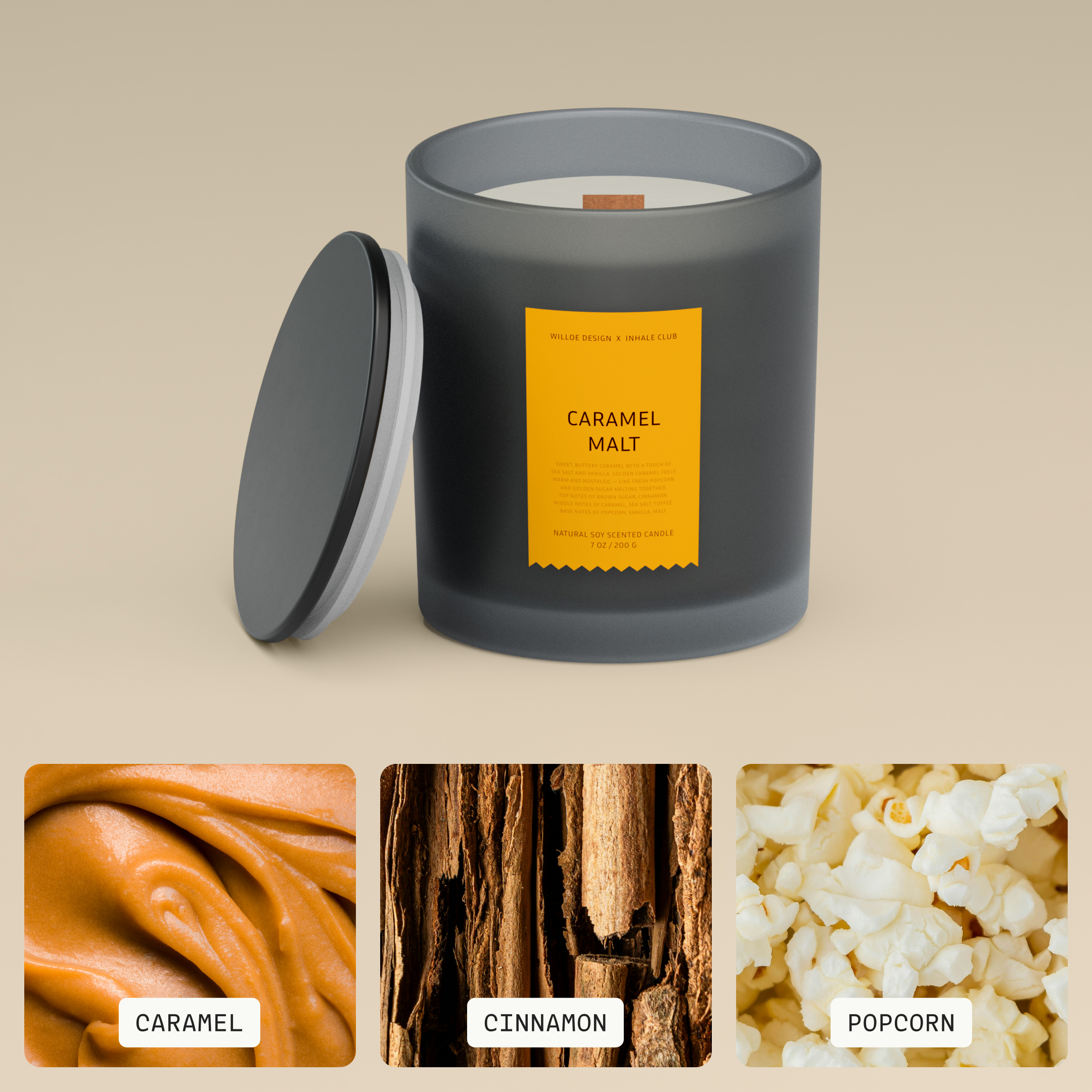 Candle with 'Caramel Malt' label on a beige background, featuring images of caramel, cinnamon, and popcorn.